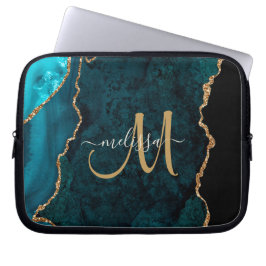 Chic Blauwgroen Gold Glitter Agate Custom Monogram Laptop Sleeve