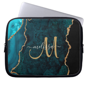 Chic Blauwgroen Gold Glitter Agate Custom Monogram Laptop Sleeve