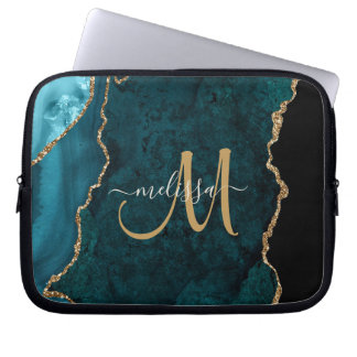 Chic Blauwgroen Gold Glitter Agate Custom Monogram Laptop Sleeve