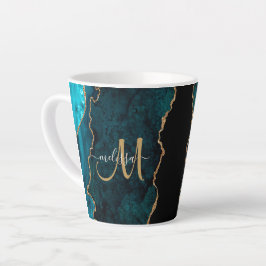 Chic Blauwgroen Gold Glitter Agate Custom Monogram Latte Mok