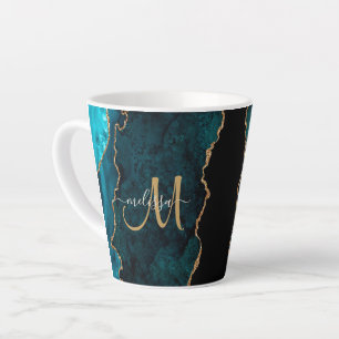Chic Blauwgroen Gold Glitter Agate Custom Monogram Latte Mok