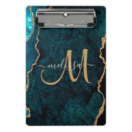 Chic Blauwgroen Gold Glitter Agate Custom Monogram Mini Klembord