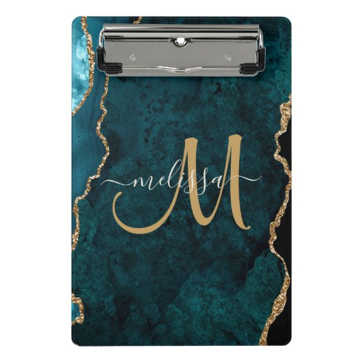 Chic Blauwgroen Gold Glitter Agate Custom Monogram Mini Klembord (Voorkant)