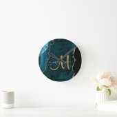Chic Blauwgroen Gold Glitter Agate Custom Monogram Ronde Klok (Huis)