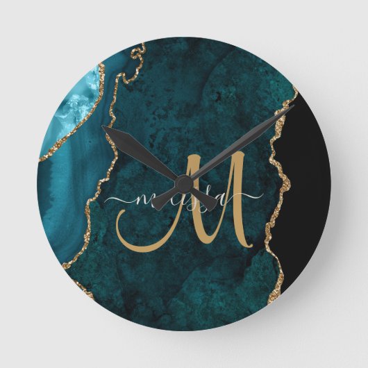 Chic Blauwgroen Gold Glitter Agate Custom Monogram Ronde Klok (Voorkant)