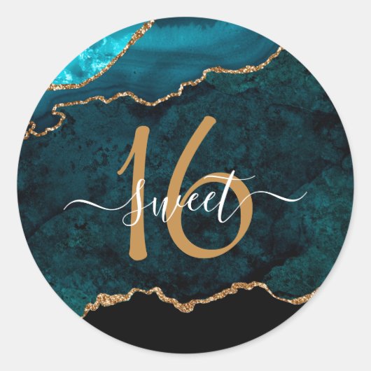 Chic Blauwgroen Gold Glitter Agate Custom Monogram Ronde Sticker (Voorkant)