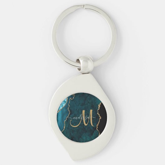 Chic Blauwgroen Gold Glitter Agate Custom Monogram Sleutelhanger (Voorkant)