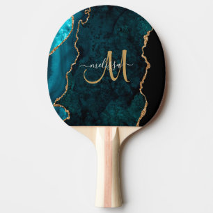 Chic Blauwgroen Gold Glitter Agate Custom Monogram Tafeltennisbatje