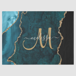 Chic Blauwgroen Gold Glitter Agate Custom Monogram Tissuepapier