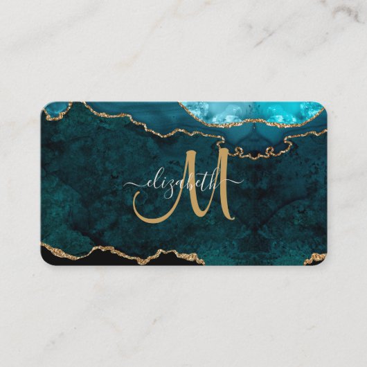 Chic Blauwgroen Gold Glitter Agate Custom Monogram Visitekaartje (Voorkant)