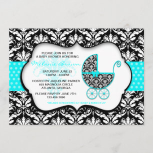 Chic Blauwgroen Polka Dot Damask Baby shower Invit Kaart