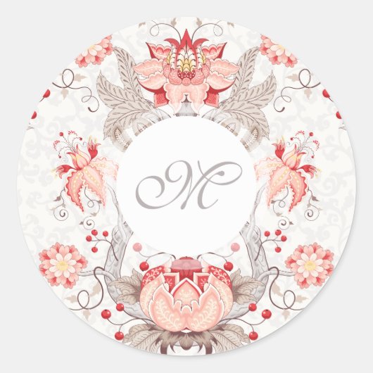 Chic  Bloempatroon Damask Monogram Stick Ronde Sticker (Voorkant)