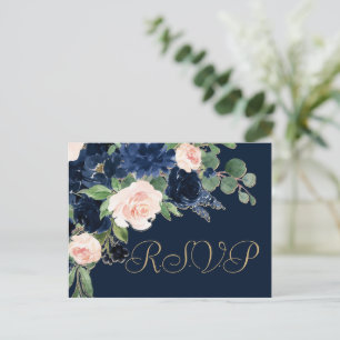 Chic Blooms   Dark Navy Blue en Blush Pink RSVP Briefkaart