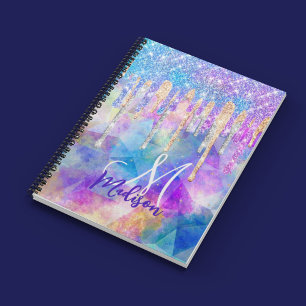 Chic blue aqua unicorn dripping glitter monogram notitieboek