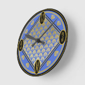 Chic Blue & Black Art Deco Fan Pattern Monogram Ronde Klok (Hoek)