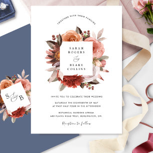 Chic Blue, Bourgogne Blush en Roze Bloemen Huwelij Kaart