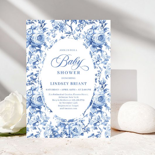 Chic Blue Chinoiserie Toile Baby Shower Invitation