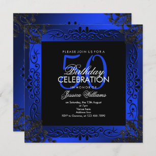 Chic Blue Decorative Framed 50th Birthday Kaart