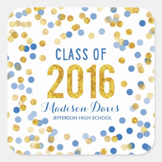 Chic Blue en Gold Glitter Afstuderen Vierkante Sticker (Voorkant)