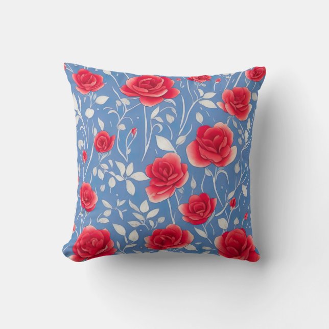 Chic Blue en Red Waterverf Floral Pattern Kussen (Voorkant)