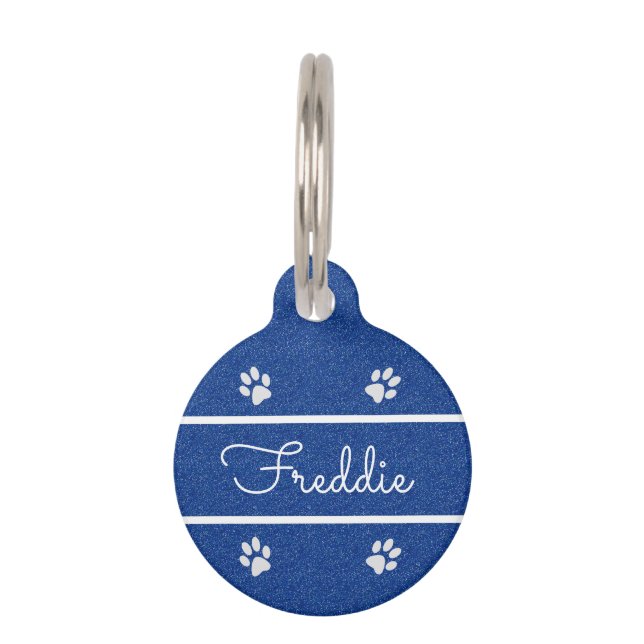 Chic Blue Faux Glitter Gepersonaliseerd Cat Huisdierpenning (Voorkant)