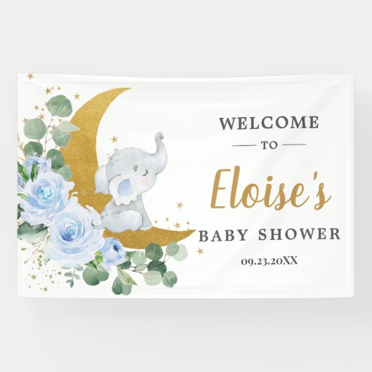 Chic Blue Floral Elephant Baby shower Backdrop Spandoek (Horizontaal)