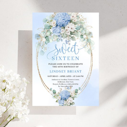 Chic Blue Floral Gold Sweet 16 Birthday Invitation Kaart