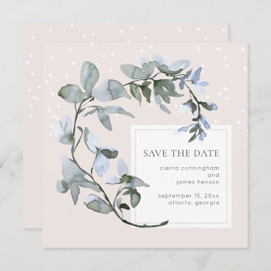 Chic Blue Floral Greenery Wedding Save the Date (Voorkant / Achterkant)