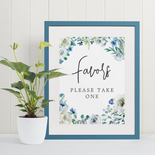Chic Blue Floral Handgeschreven Script Wedding Fav Poster
