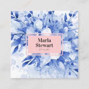 Chic blue floral waterverf elegant roze modern vierkante visitekaartje