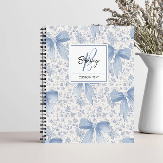 Chic Blue Floral With Bows Script Name Monogram Notitieboek