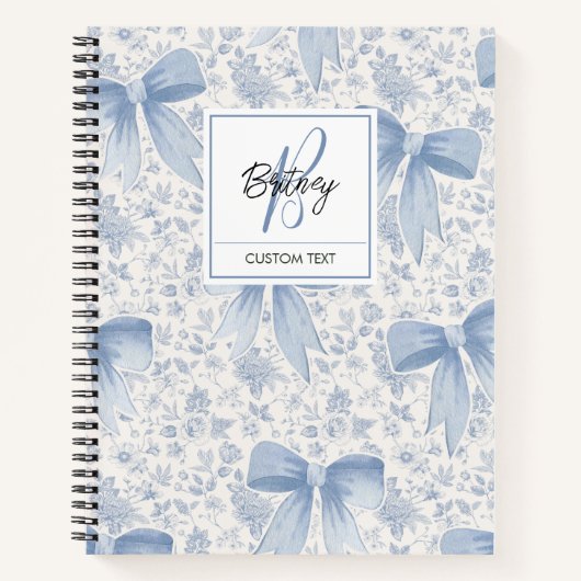 Chic Blue Floral With Bows Script Name Monogram Notitieboek (Voorkant)