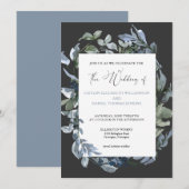 Chic Blue Floral Wreath Wedding Invitation Kaart (Voorkant / Achterkant)