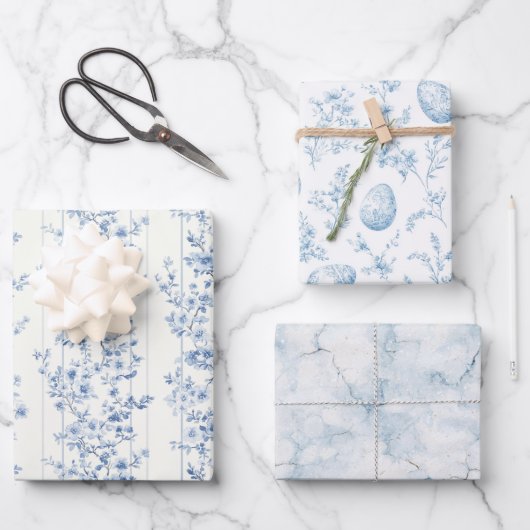 Chic Blue Flowers Easter Eggs Inpakpapier Vel (Voorkant)