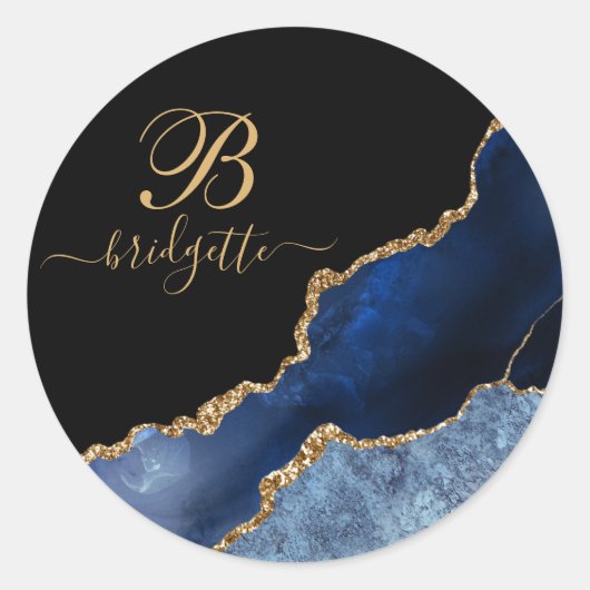 Chic Blue Glitter Agate Geode Monogram zwart Ronde Sticker (Voorkant)