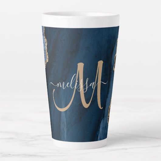 Chic Blue Glitter Agate Marble Monogram Latte Mok (Voorkant)