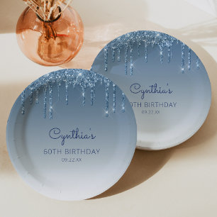 Chic Blue Glitter Drip 60th Birthday Party Papieren Bordje