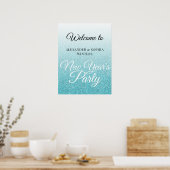 Chic Blue Glitter New Years Party Welkom Poster (Keuken)