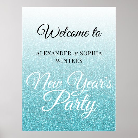 Chic Blue Glitter New Years Party Welkom Poster (Voorkant)