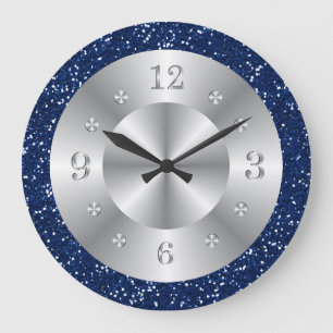 Chic Blue Glitter Silver Numbers Large Clock Grote Klok