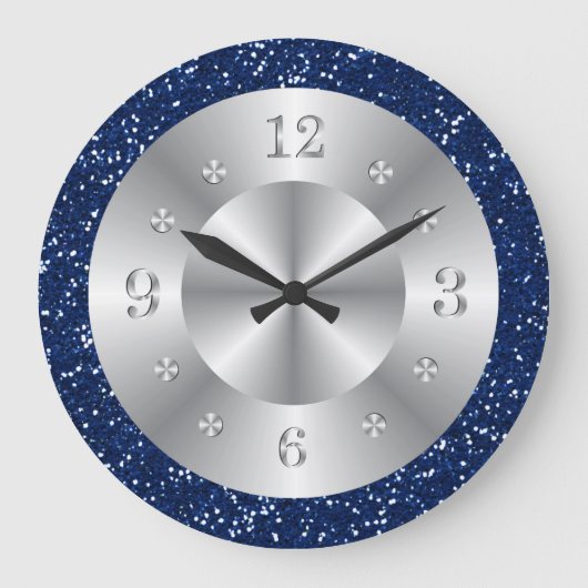 Chic Blue Glitter Silver Numbers Large Clock Grote Klok (Voorkant)