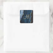 Chic Blue Gold Agate Script Monogram aangepast Vierkante Sticker (Tas)