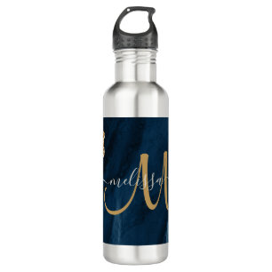 Chic Blue Gold Agate Script Monogram aangepast Waterfles
