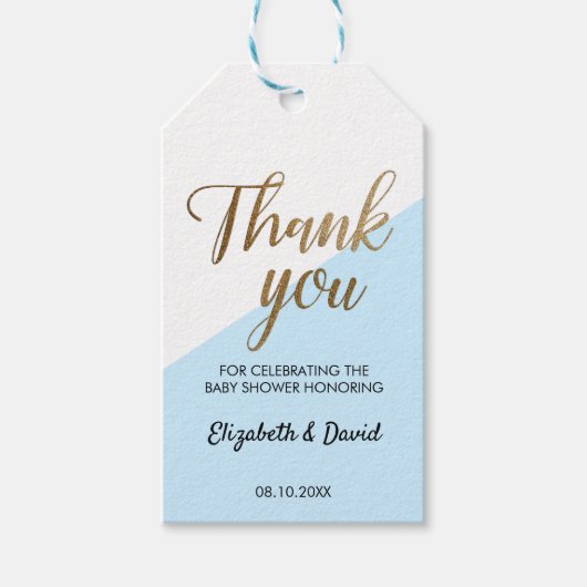Chic Blue Gold Dank U Script Koppel Baby Shower Cadeaulabel (Voorkant)