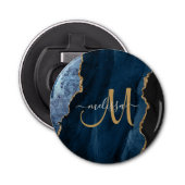 Chic Blue Gold Glitter Agate Custom Monogram Button Flesopener (Voorkant)