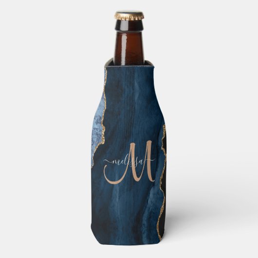 Chic Blue Gold Glitter Agate Custom Monogram Flesjeskoeler (Fles Voorkant)