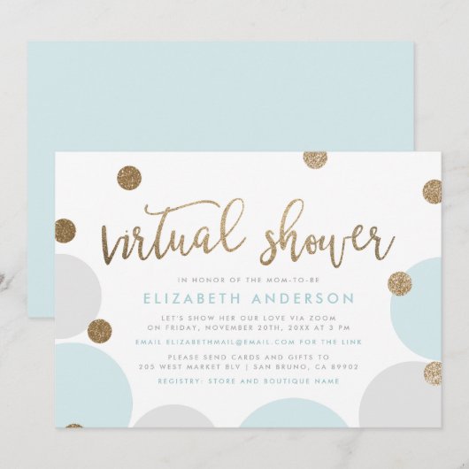 Chic Blue & Gold Glitter Confetti Virtual Shower Kaart (Voorkant / Achterkant)