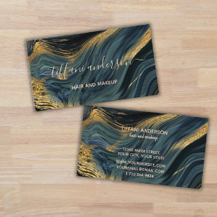 Chic Blue Gold Glitter Marble Agate Makeup Artiste Visitekaartje