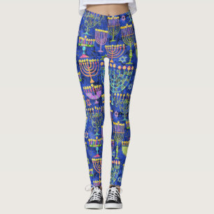 Chic Blue Gold Menorah Star van David Hanukkah Leggings