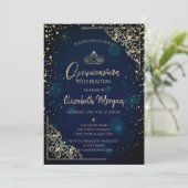 Chic Blue Gold Tiara, Diamonds Quinceañera Kaart (Staand voorkant)